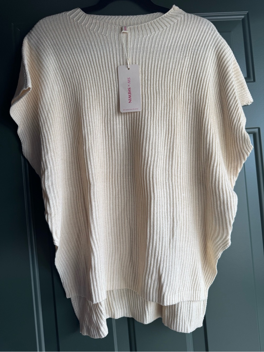 SHEWIN Cream Ribbed Knit Short Sleeve Sweater Top Oversized M NWT